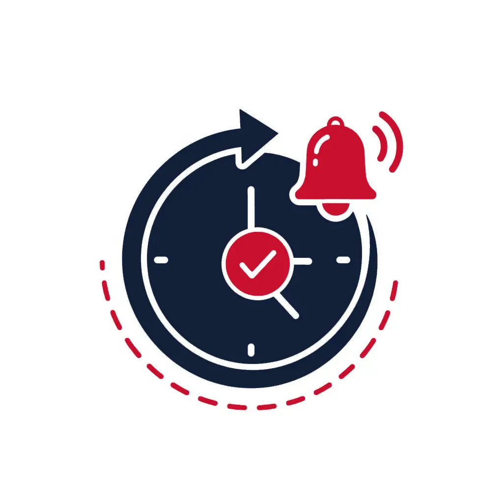 An icon of a clock with a red checkmark in the center, surrounded by a circular arrow and a ringing red notification bell.