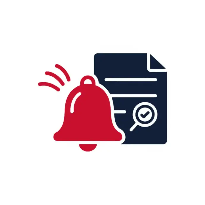 Red alert bell next to a navy document icon with lines and a checkmark magnifier symbol | HSO Technology
