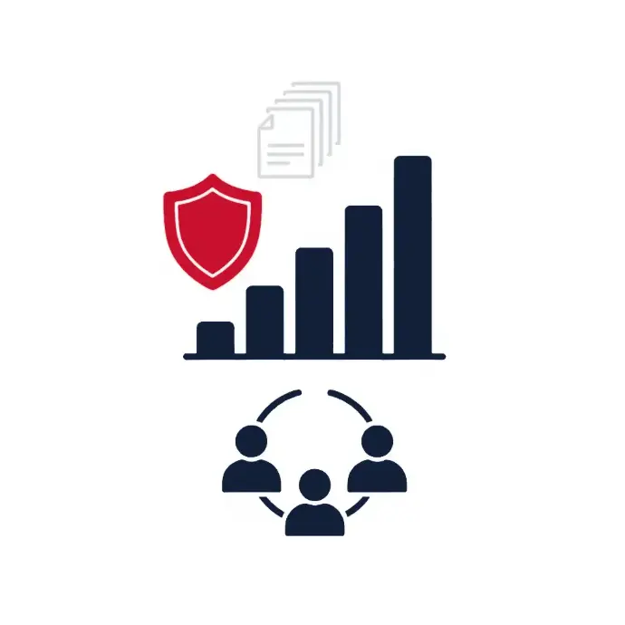 Bar chart growth with red security shield, document stack, and team collaboration icon beneath | HSO Technology
