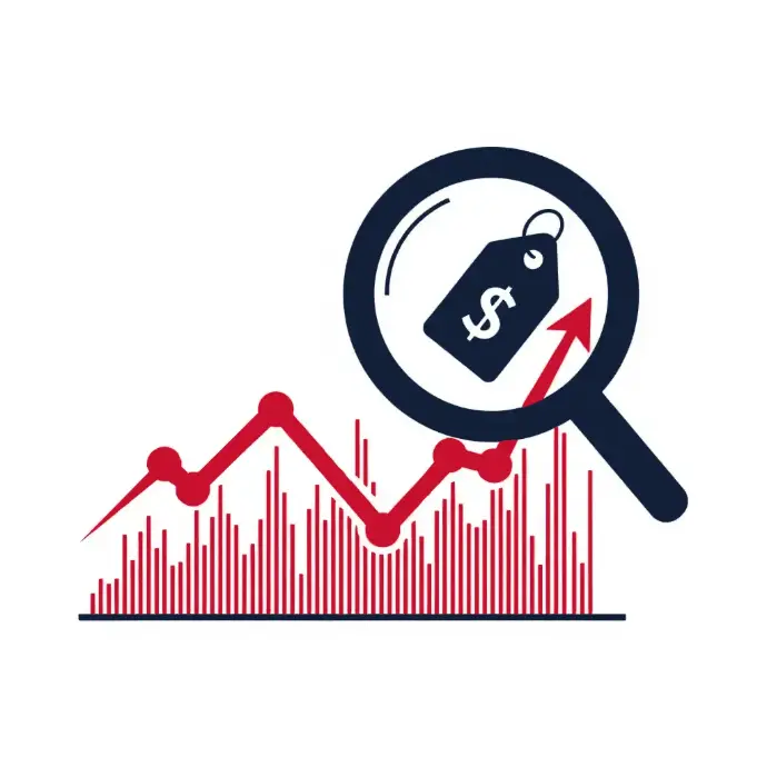 Magnifying glass highlighting price tag over fluctuating red data chart with upward trend arrow | HSO Technology