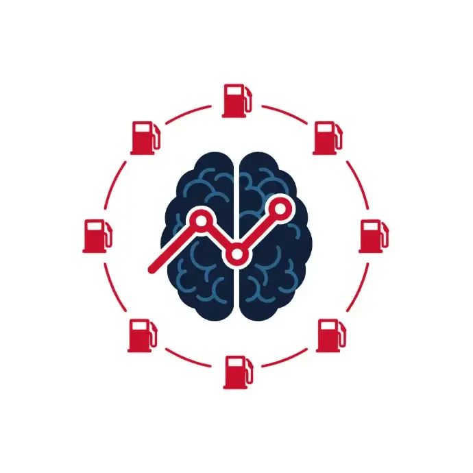 Brain with analytic trend line surrounded by circular arrangement of fuel pump icons | HSO Technology