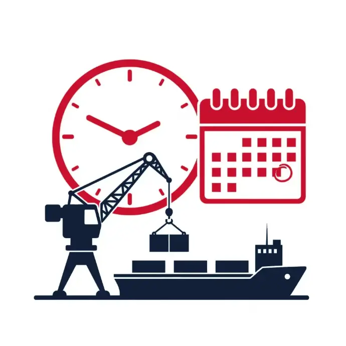 Shipping logistics scene with crane loading cargo, large clock, and calendar symbolizing scheduling and timing | HSO Technology