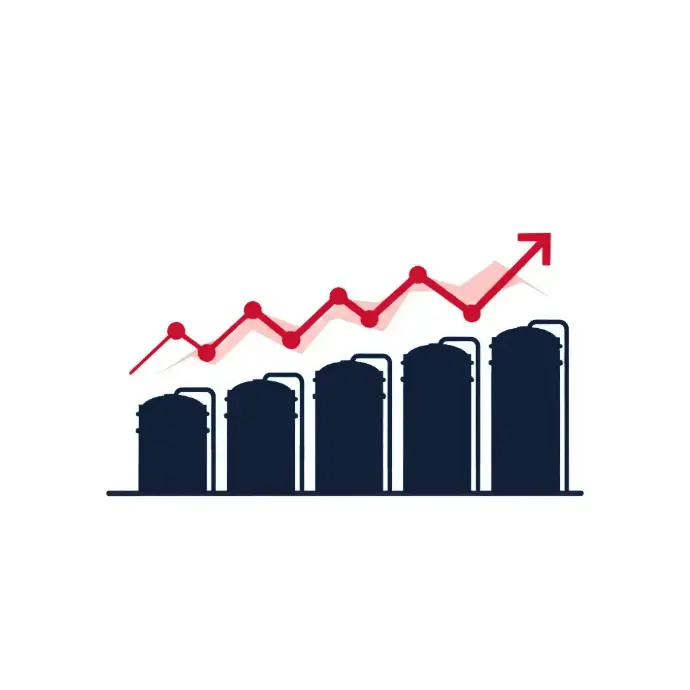 Row of fuel storage tanks with rising red trend line indicating increasing production or demand | HSO Technology
