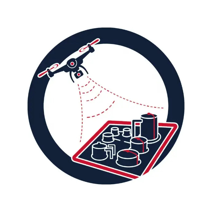 Drone inspection icon scanning industrial facilities in red and navy | HSO Technology